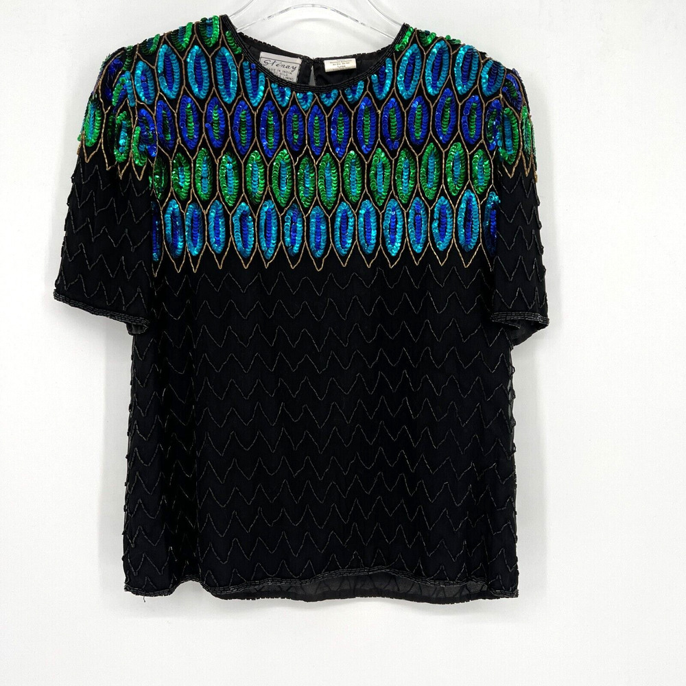 Vintage Stenay Top Women's S Silk Beaded Sequin Blue‎ Green Geometric